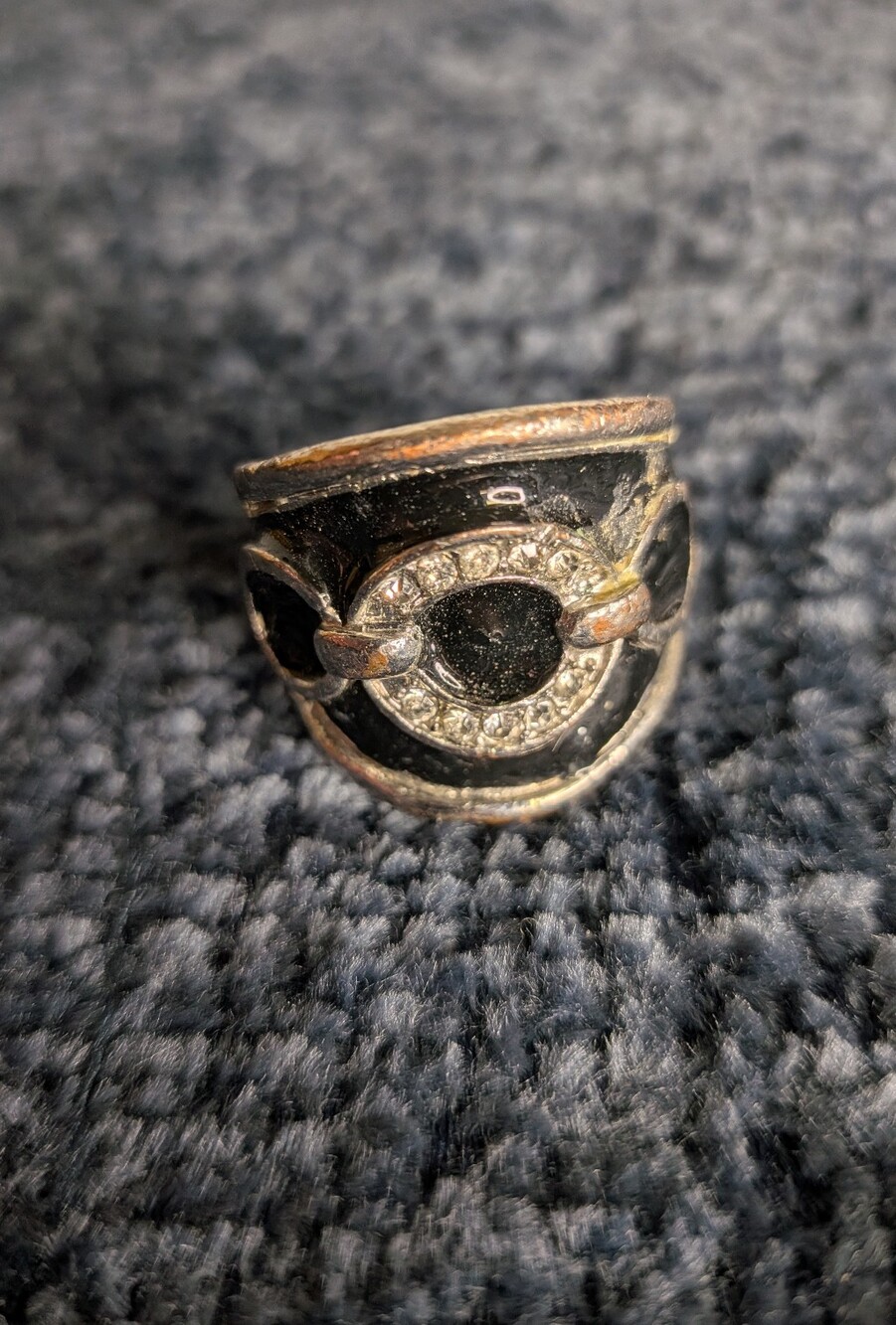 Vintage Chic Black Enamel Rhinestone Cigar Band Statement Ring 🖤